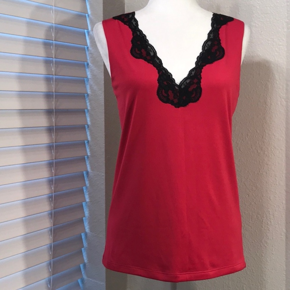 Hot Pink Tank Top W/ Black Lace Detail